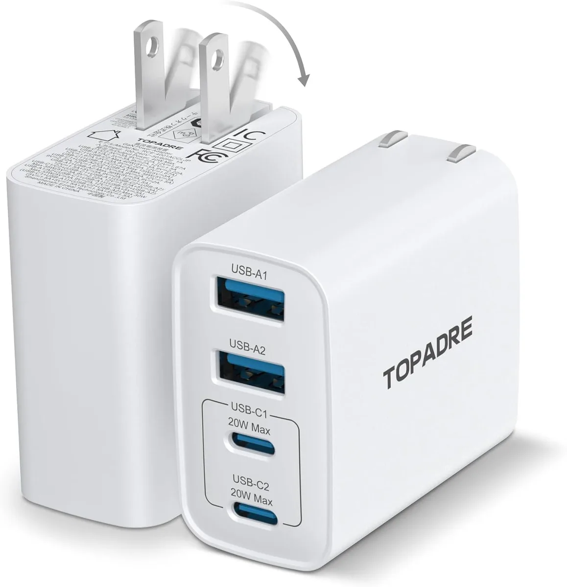 Two compact white wall chargers with foldable prongs and four USB ports each
