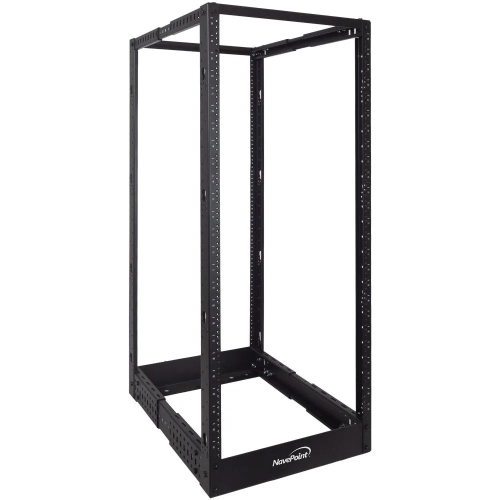 Black open-frame four-post server rack, threaded rails, 25U, powder-coated steel