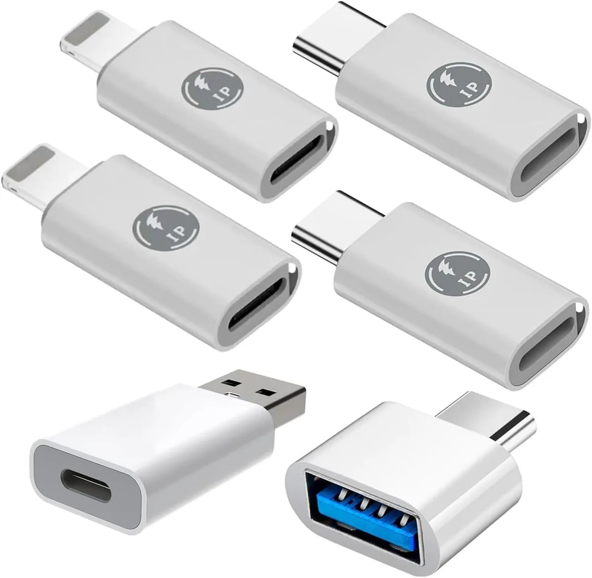 Six white USB-C to USB-A adapters in a row