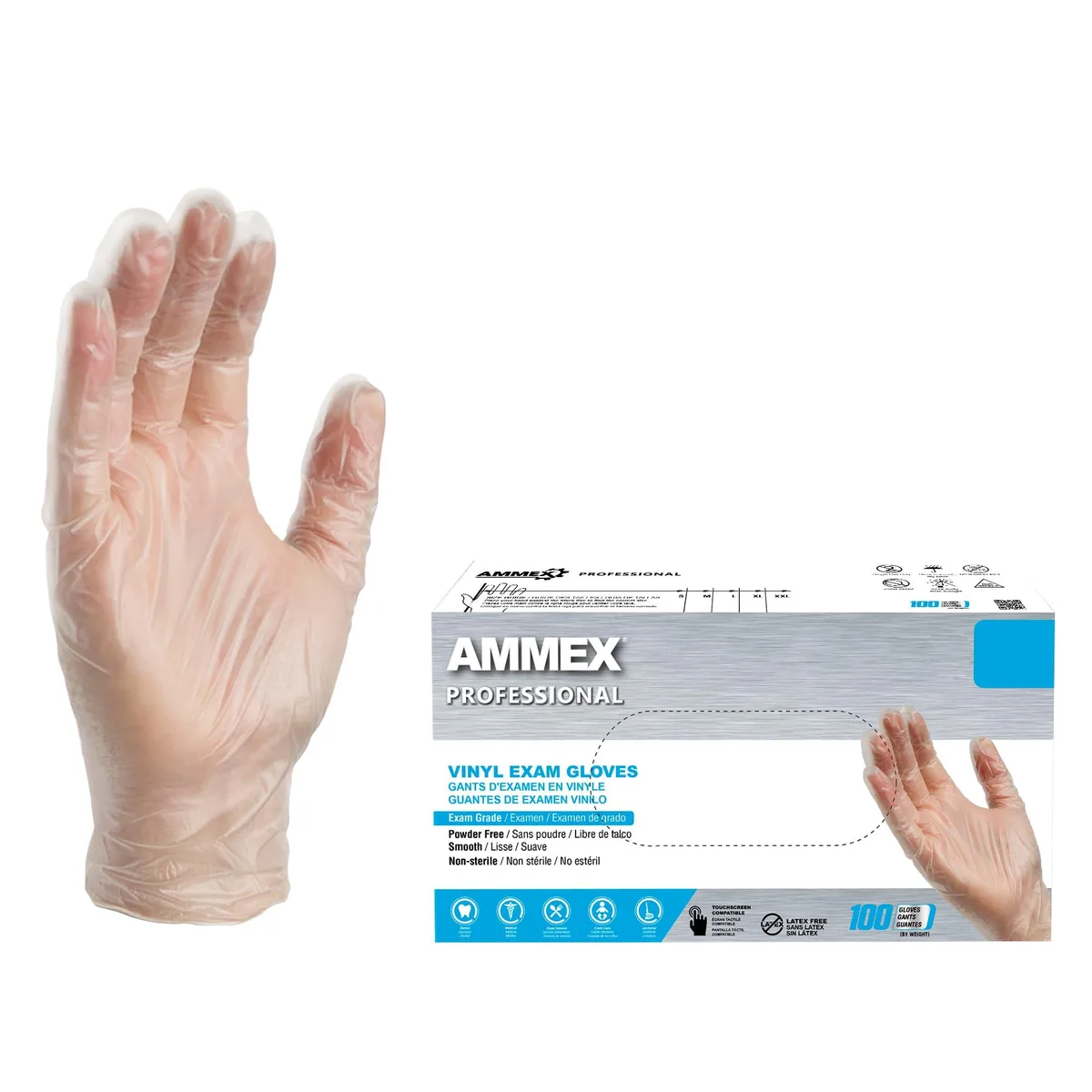 Clear vinyl disposable gloves in a cardboard box of 100