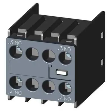 Grey rectangular auxiliary contact block with screw terminals and 2 NO contacts