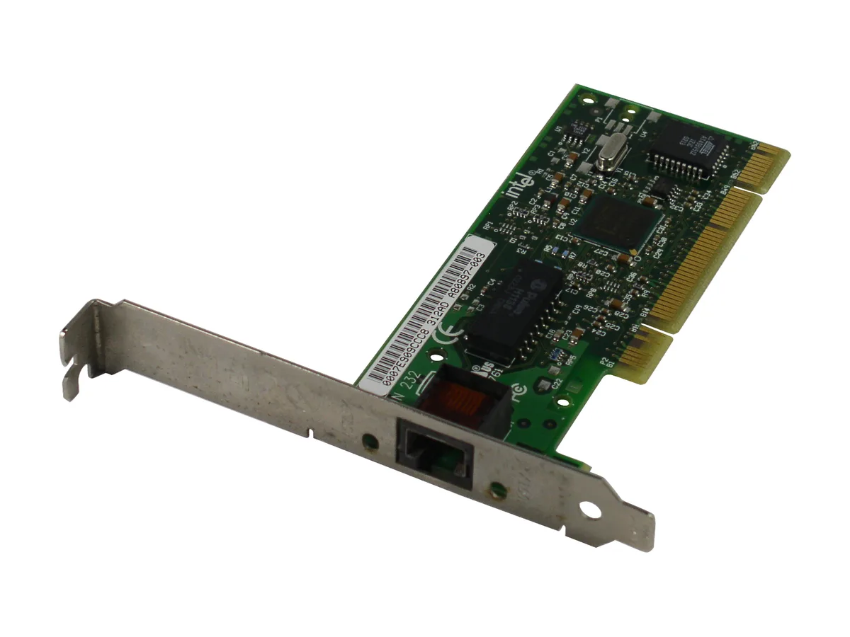 Green printed circuit board with gold PCI edge connector and single RJ45 port