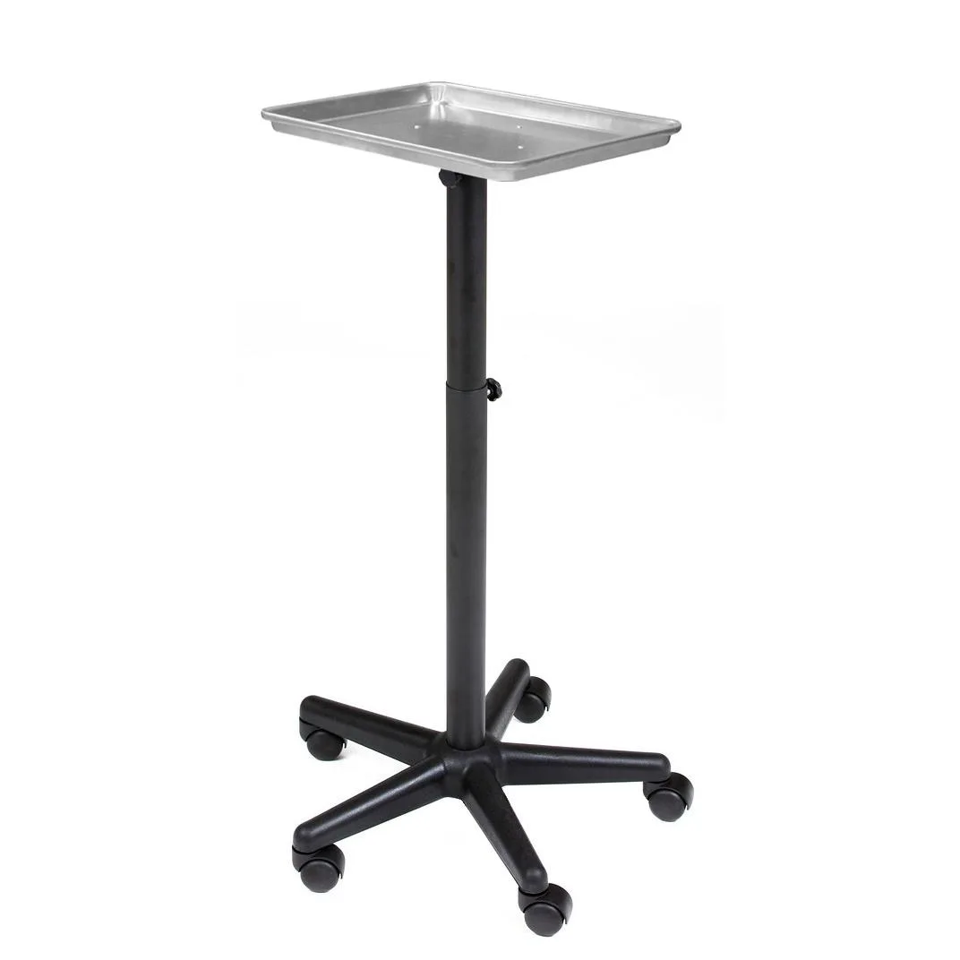 Silver aluminium tray on black steel stand with five rolling casters, height adjustable 27 to 42.5