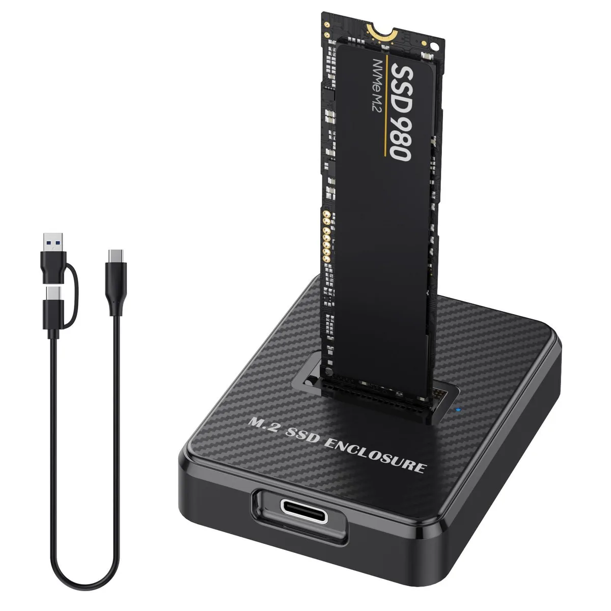 Black NVMe M.2 to USB-A/C adapter with 2-in-1 cable