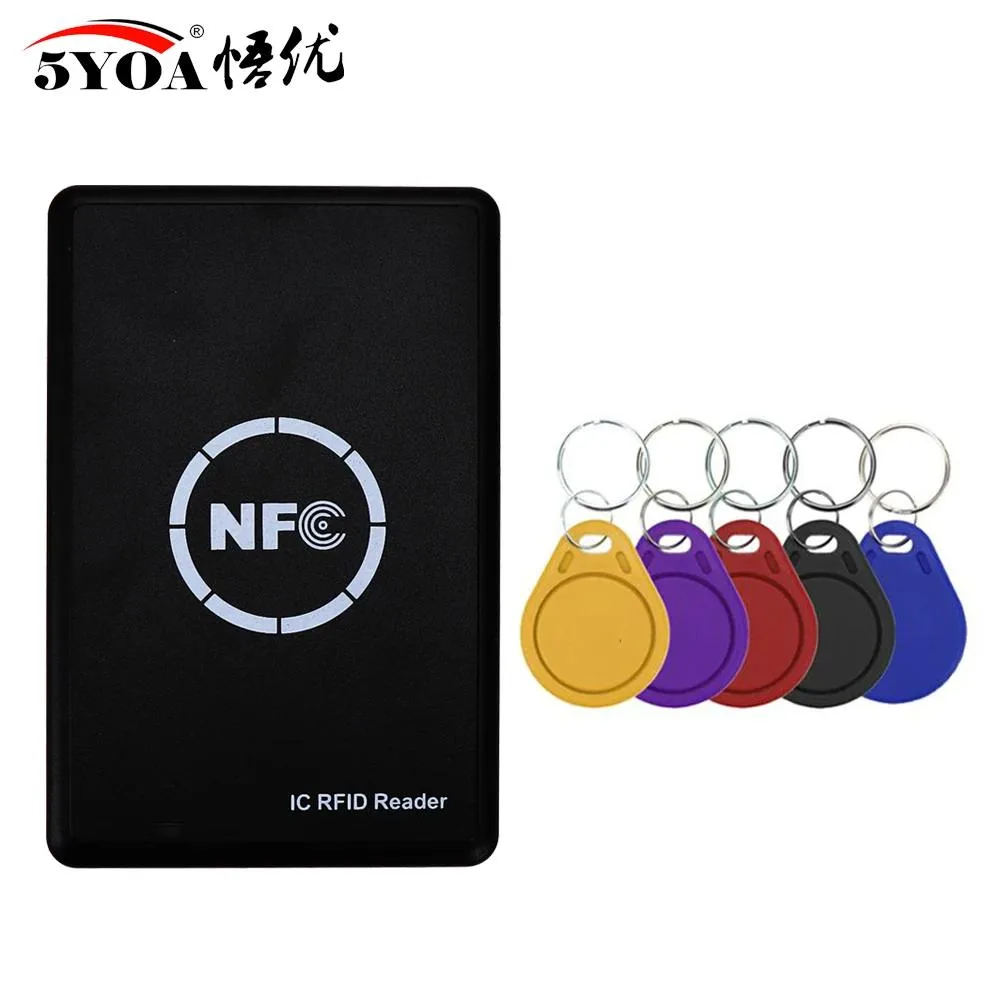 Small rectangular USB NFC reader with five key fobs