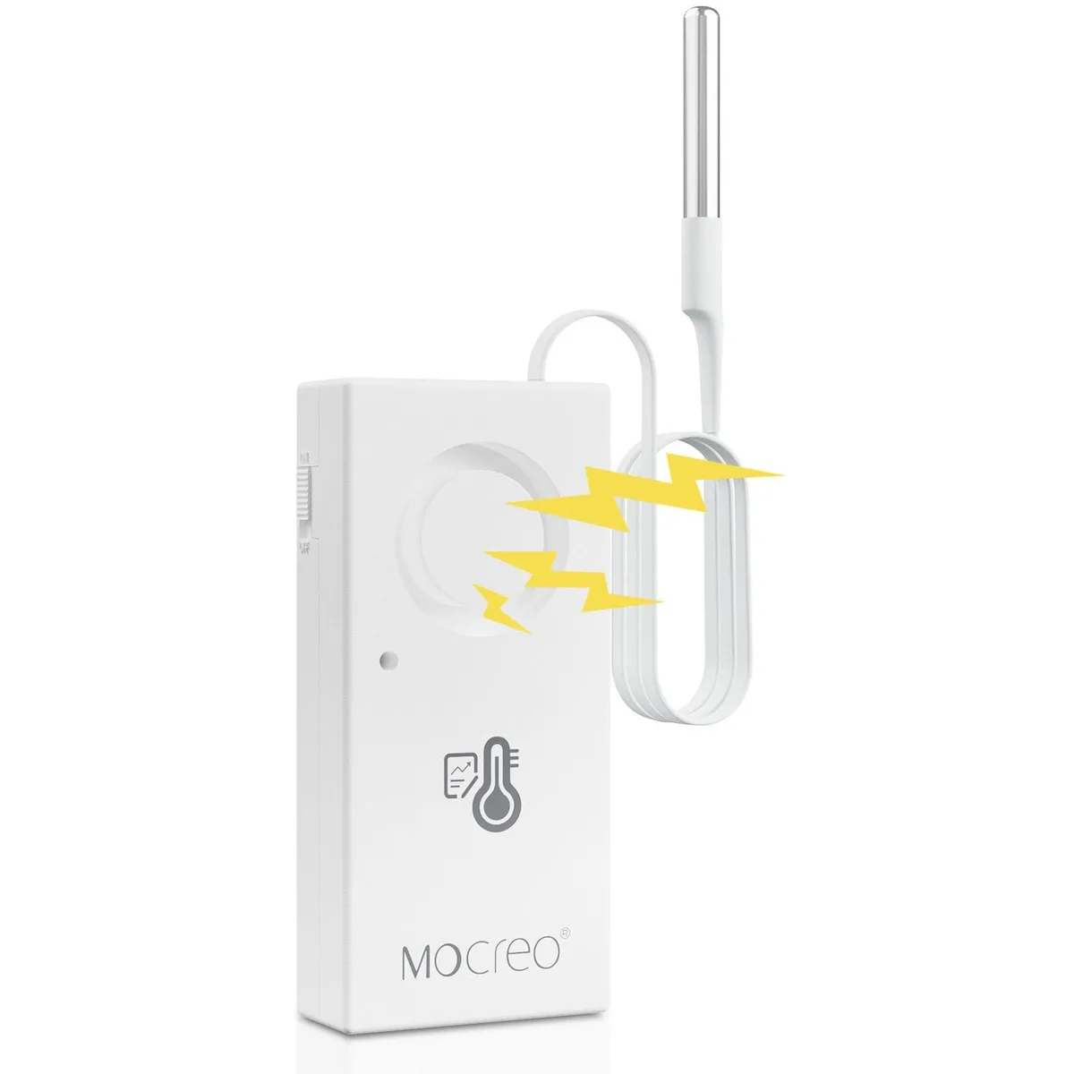 White Bluetooth thermometer with thin 1.5m waterproof probe and 110dB alarm