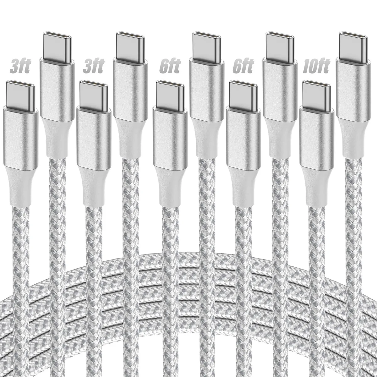 Silver nylon-braided USB-C to USB-C cable 10 ft