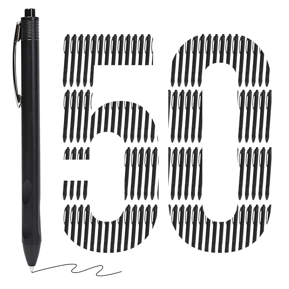 Box of fifty black retractable ballpoint pens with metal finish and 1.0 mm tips