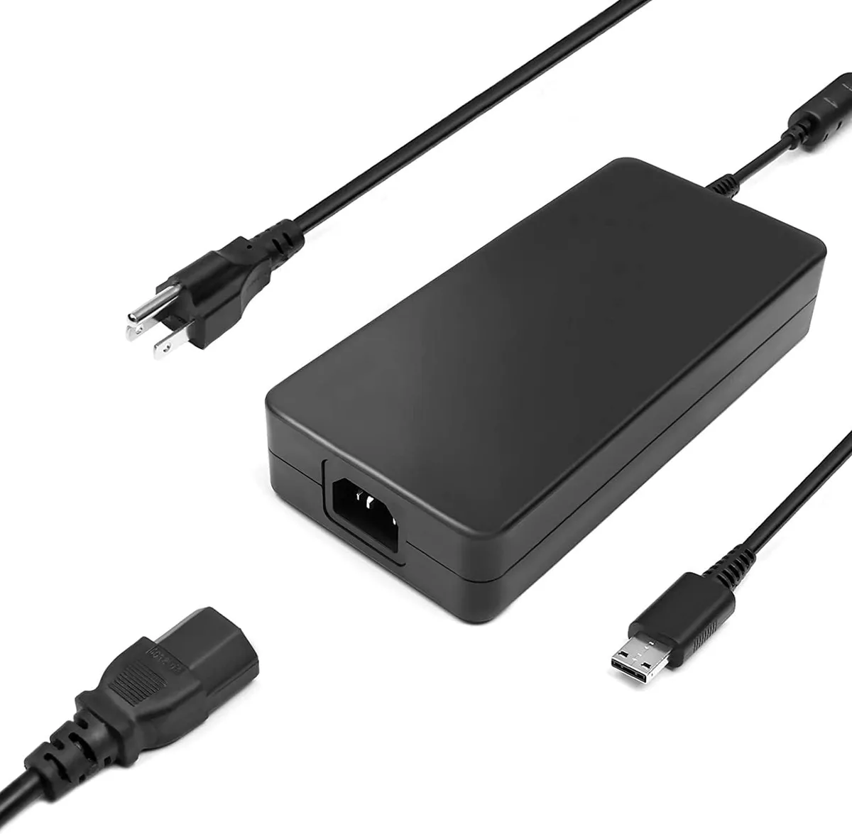 Black rectangular laptop power adapter with USB tip connector and detachable power cord