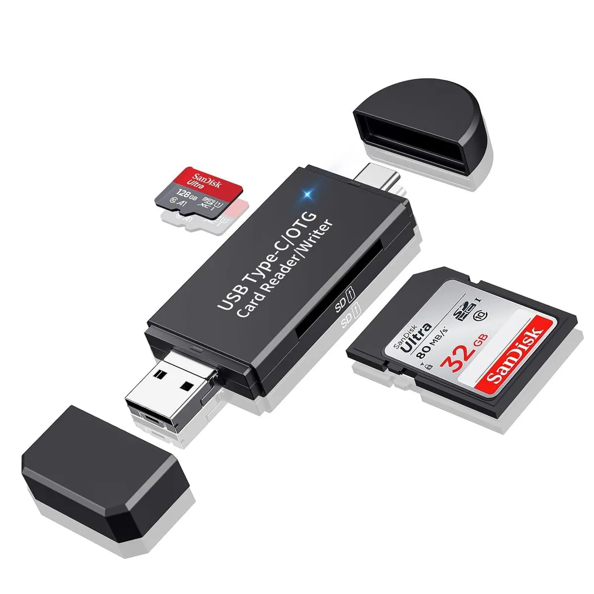Small rectangular card reader with USB-A, Micro-USB and USB-C connectors, matte black finish