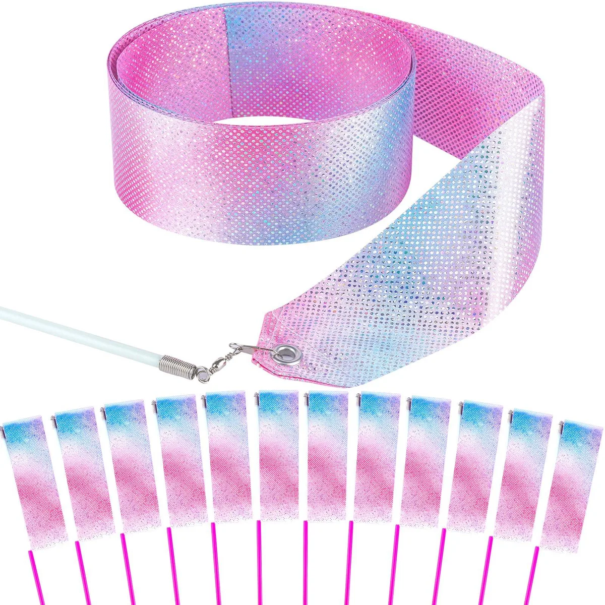 Twenty gradient pink and blue satin ribbons on fibreglass wands with rubber handles