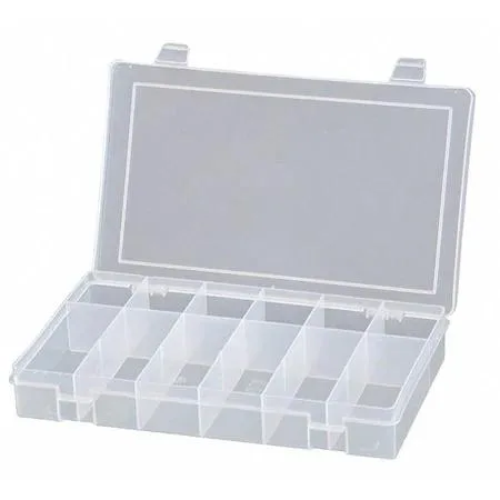 Clear polypropylene box with 12 compartments and snap closure