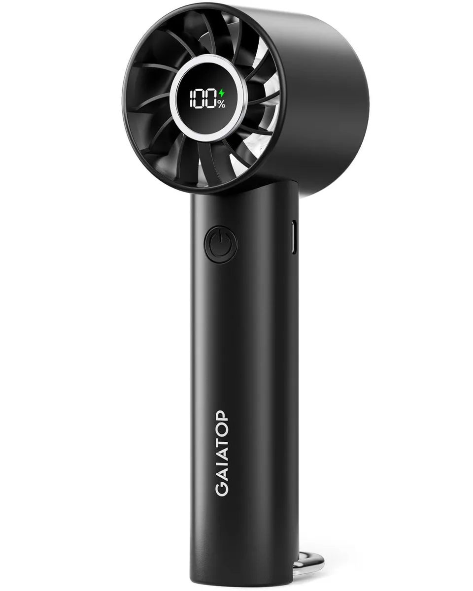 Black handheld outdoor fan with LED display and metal clip