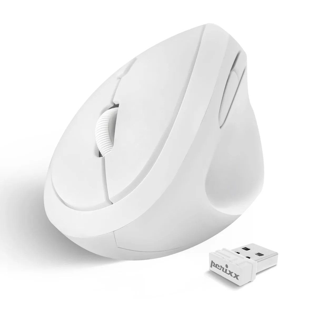 White vertical wireless mouse with matte finish and nano USB receiver