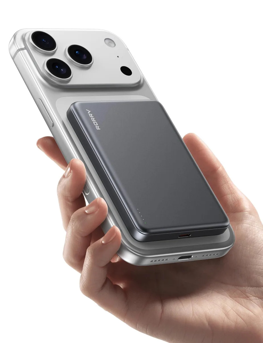 Gray rectangular magnetic power bank, slim profile, aluminum finish, USB-C port visible