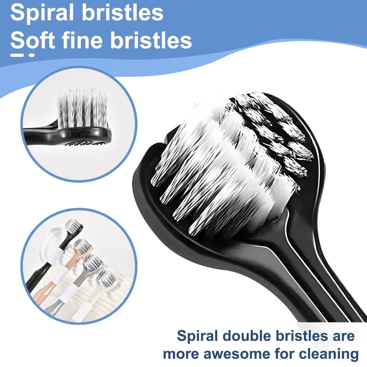 Four three-sided manual toothbrushes in black, white, gray and gold with textured handles