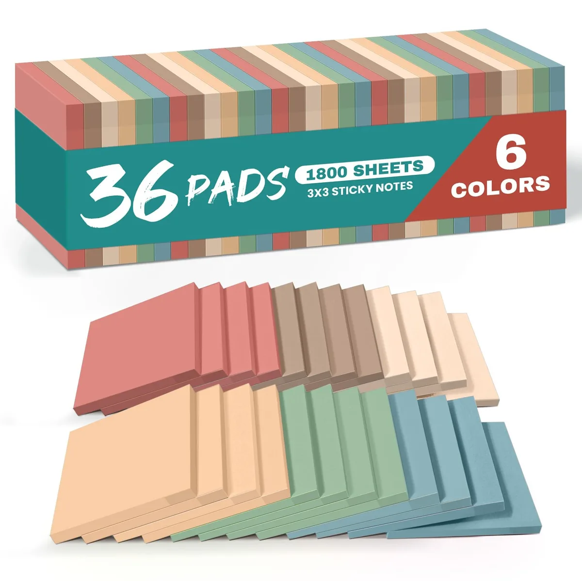 A cardboard box holding thirty-six square vintage-coloured sticky-note pads