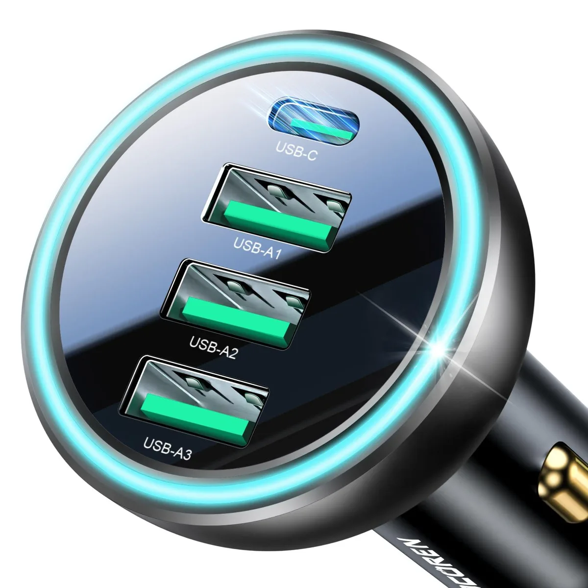 Black rectangular car charger with one USB-C and three USB-A ports