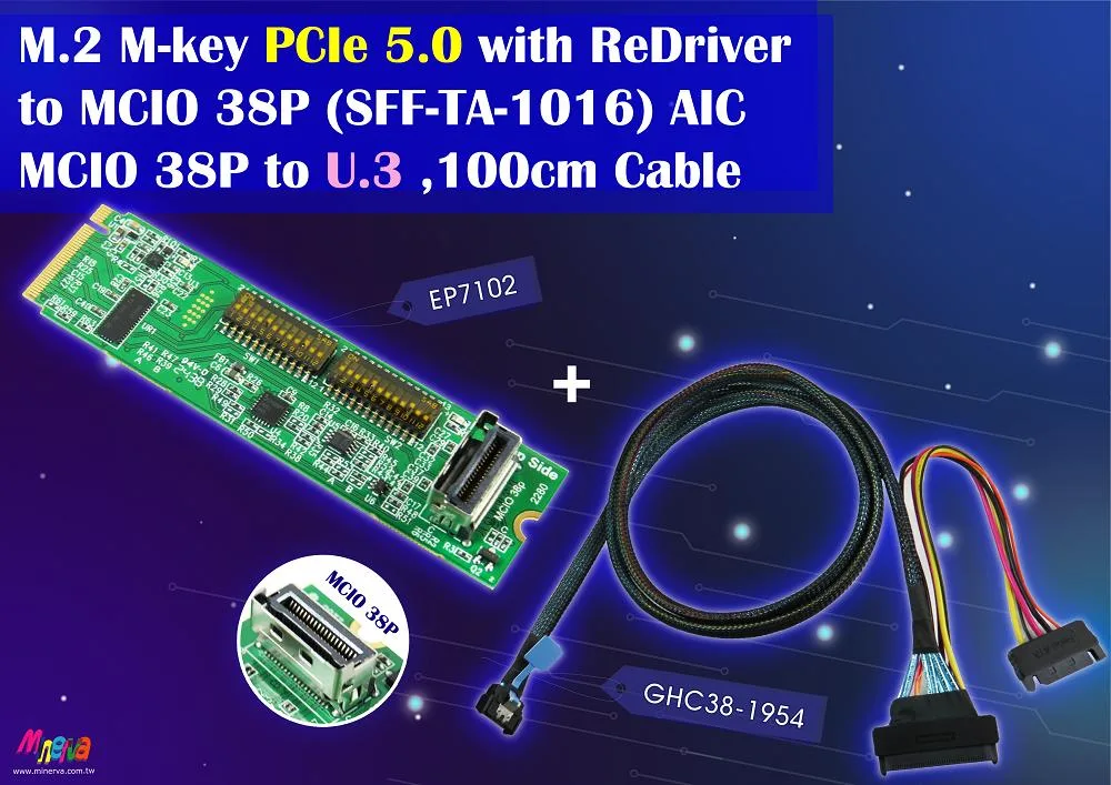 Innocard Innocard EP7102 M.2 PCIe 5.0 ReDriver to MCIO 38P + MCIO 38P to U.3 Cable 100cm Kit — product photo