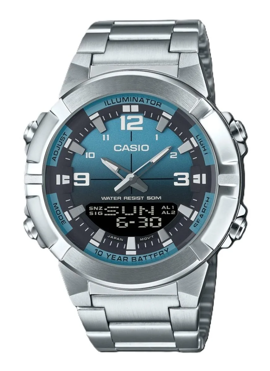 Silver stainless steel round watch with light blue analog digital dial and metal bracelet