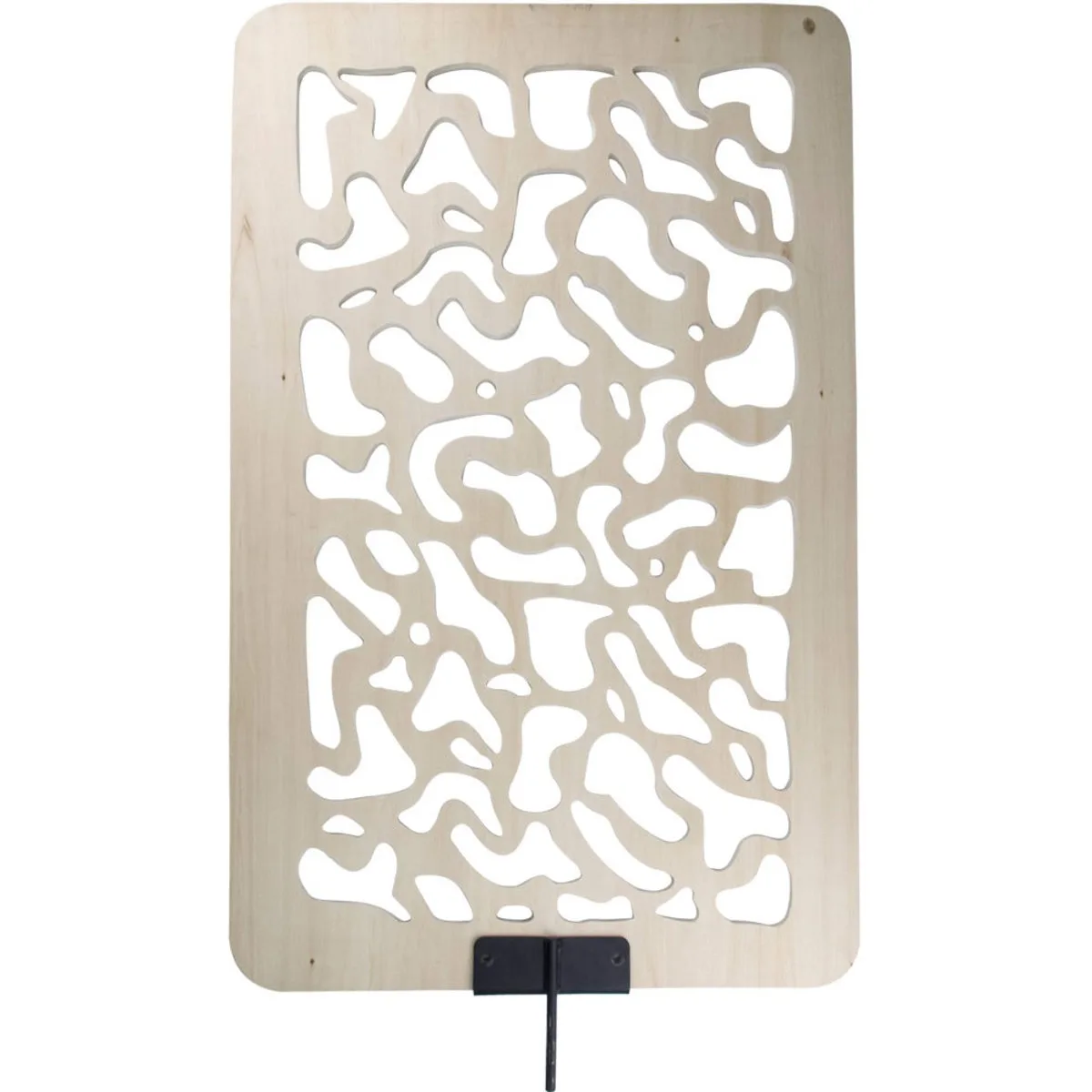 Rectangular wooden cookie with irregular cut-outs, 18 by 24 inches, in metal U-holder