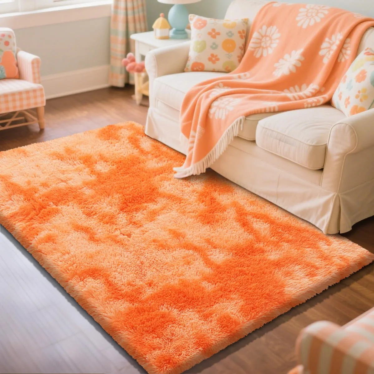 Mottled orange rectangular rug with 1.9-inch extra-long pile fibers