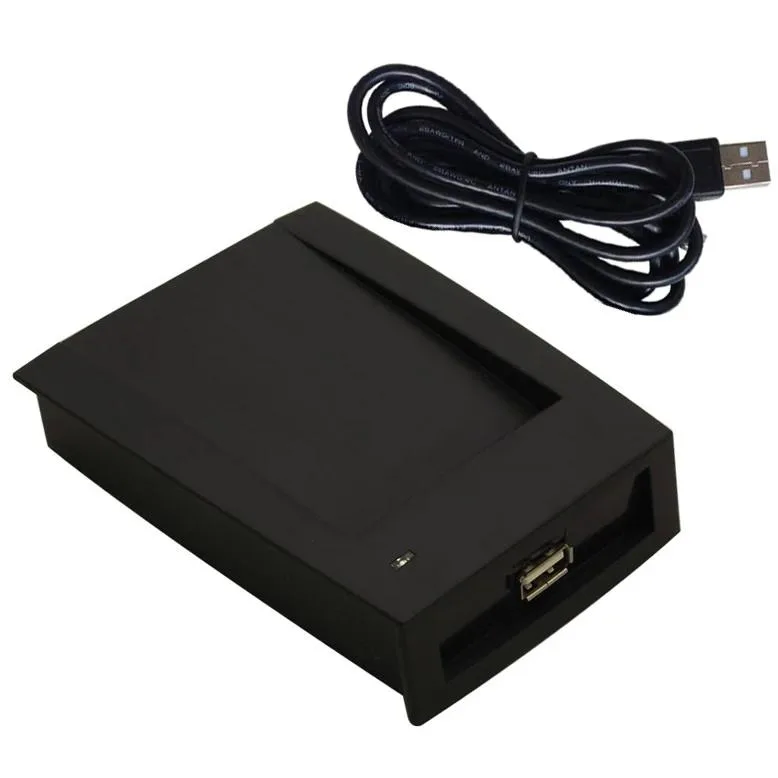 Black rectangular USB RFID reader, 9.8 by 6.3 by 1 cm, hard plastic, with cable