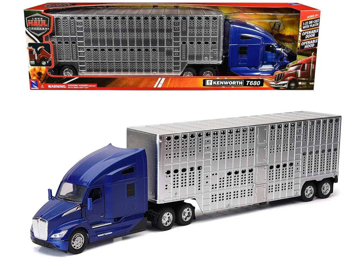 New Ray Toys New Ray Toys Kenworth T680 Blue Metallic Livestock Trailer Chrome 1/32 Die Cast — product photo