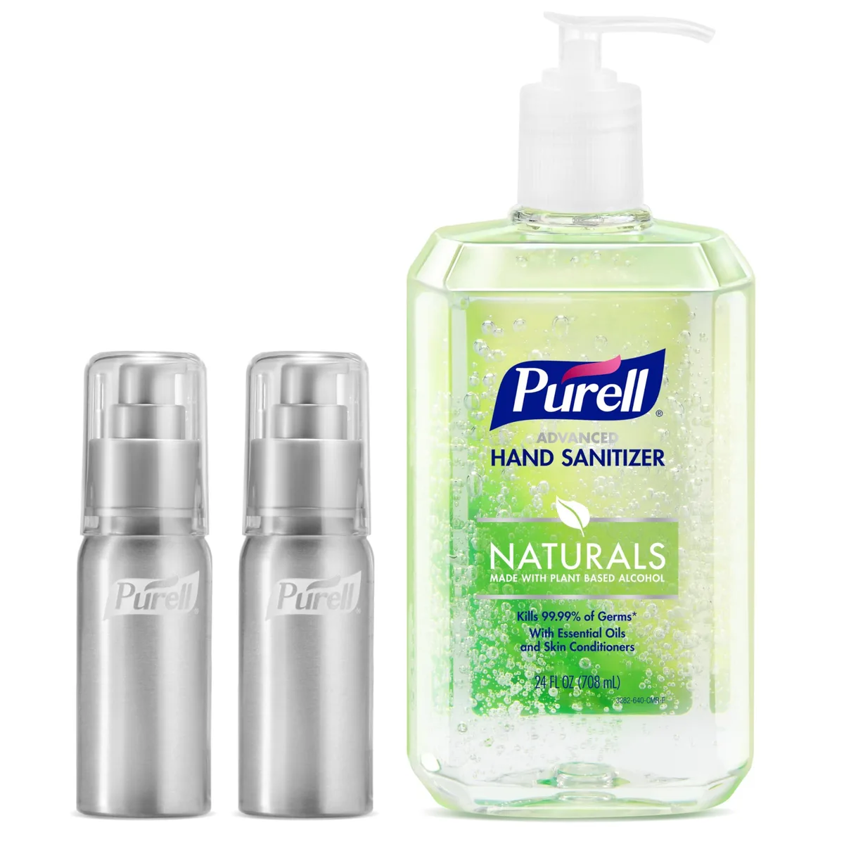 PURELL Advanced Hand Sanitizer Naturals refill kit with one 24 fl oz bottle and two empty 2 fl oz aluminum travel bottles