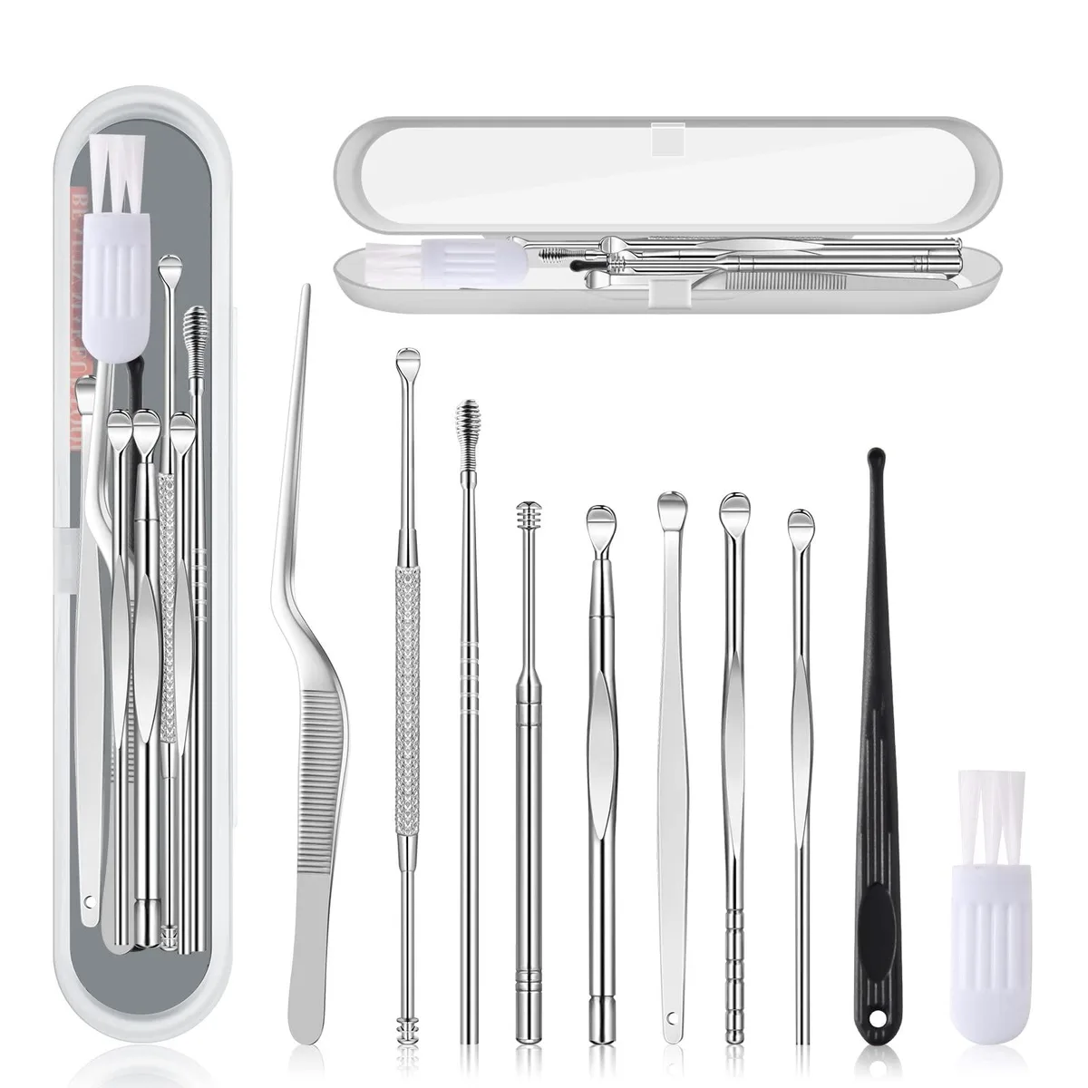 Ten silver stainless steel ear picks with brush in plastic case