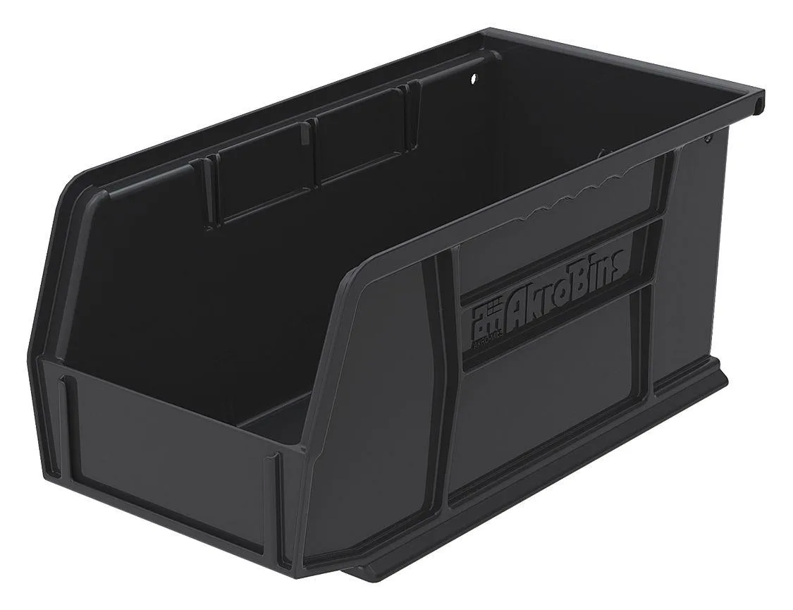 Black plastic storage bin, stackable and hangable, with label slots