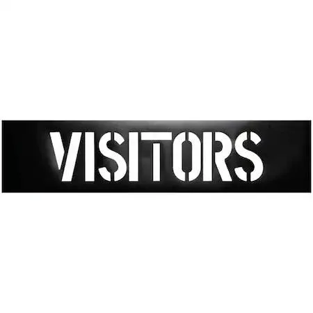 Flat black plastic stencil reading Visitors with 12 inch characters