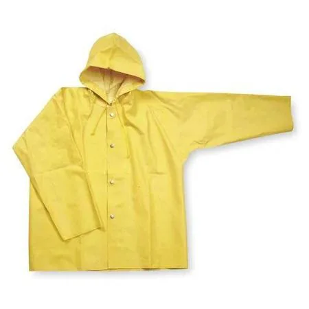 Yellow SBR rain jacket with attached hood, hip length, snap front, cotton polyester lining