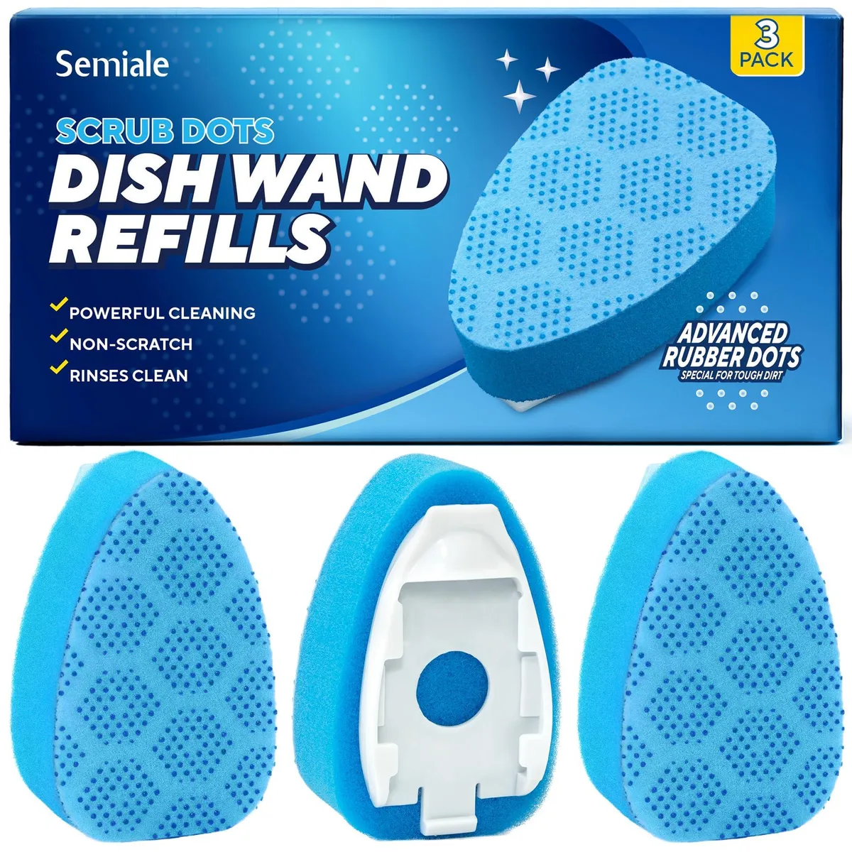Blue non-scratch sponge refill heads for dish wand, sealed soap-dispensing design