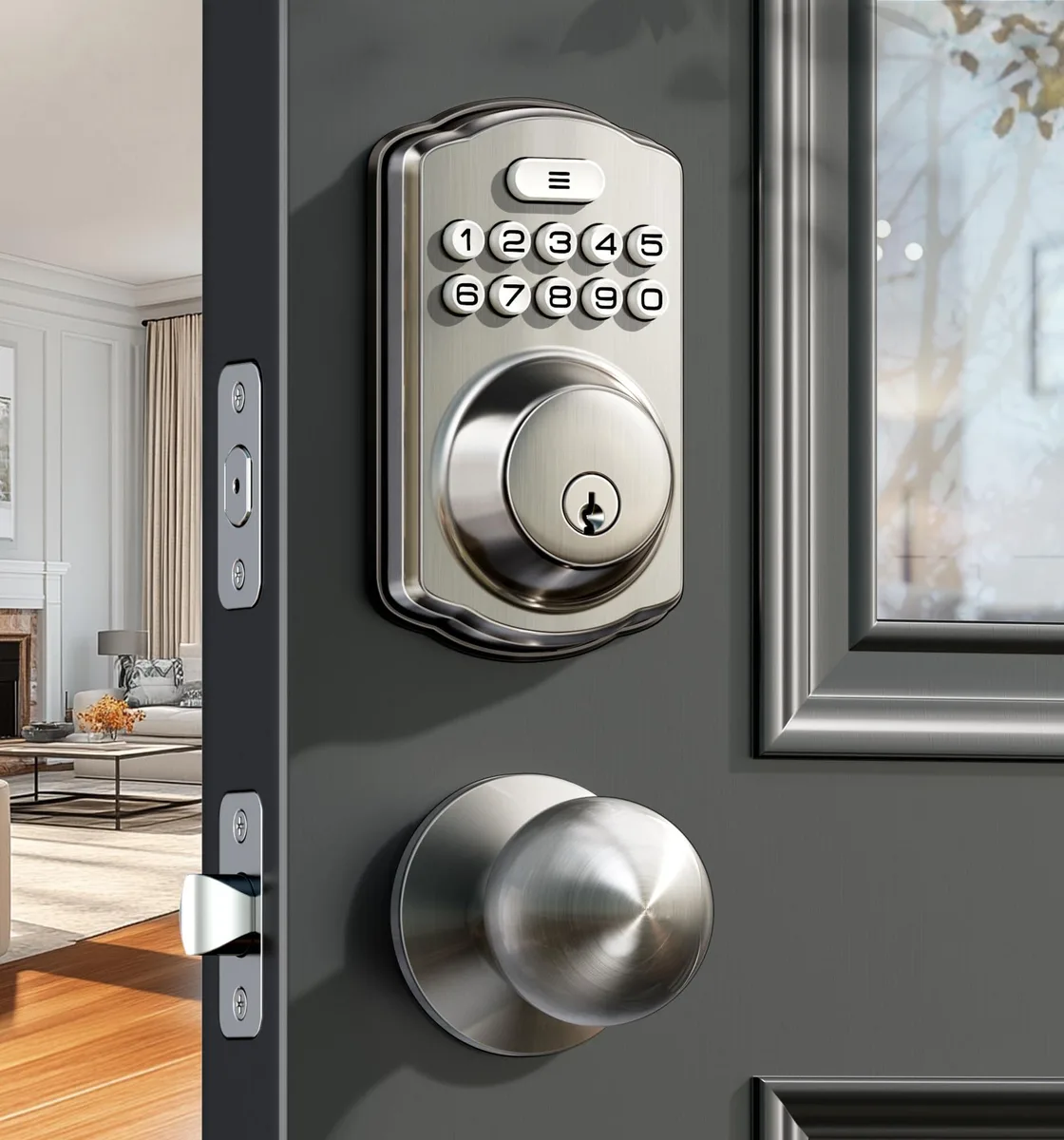 Black metal keyless entry door lock with two knobs and backlit keypad, 7.24 by 9.61 by 3.54 inches