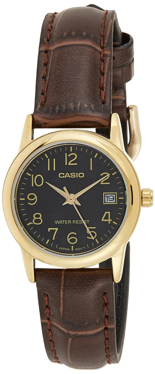 Gold-tone case watch with black dial and brown leather strap