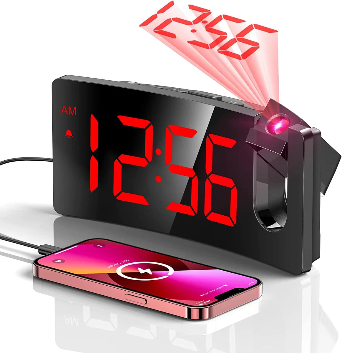 AUTECH projection alarm clock with 180° rotatable projector arm and curved 3.4x1.7in LED display