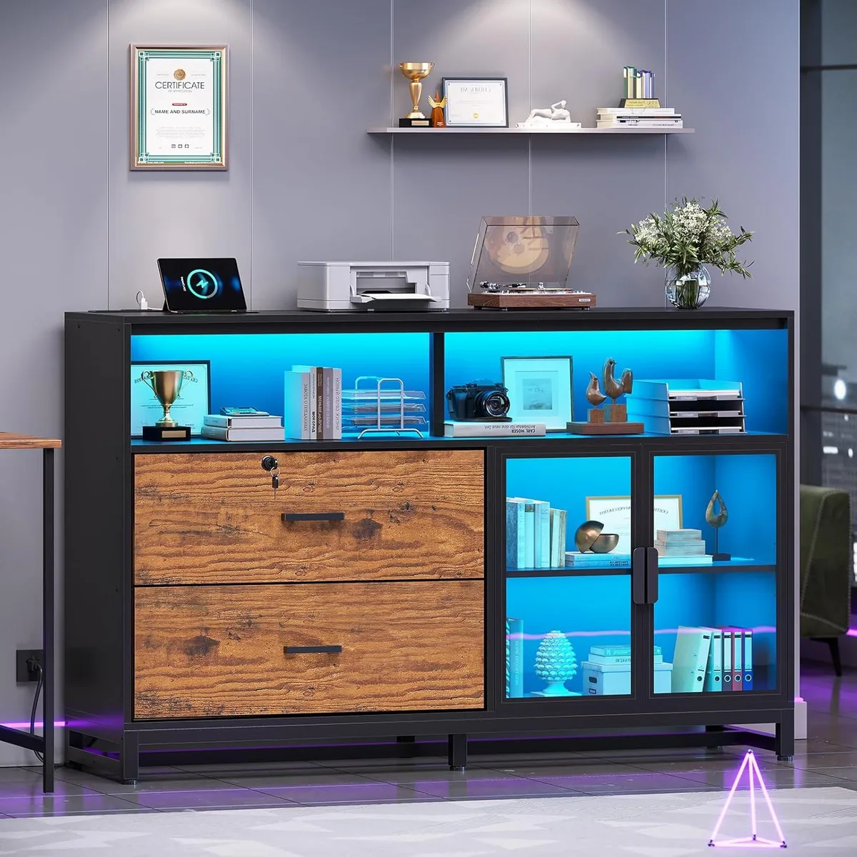 BFKK BFKK 59 inch File Cabinet with Lock Power Outlets LED Lights Black Rustic Brown — product photo