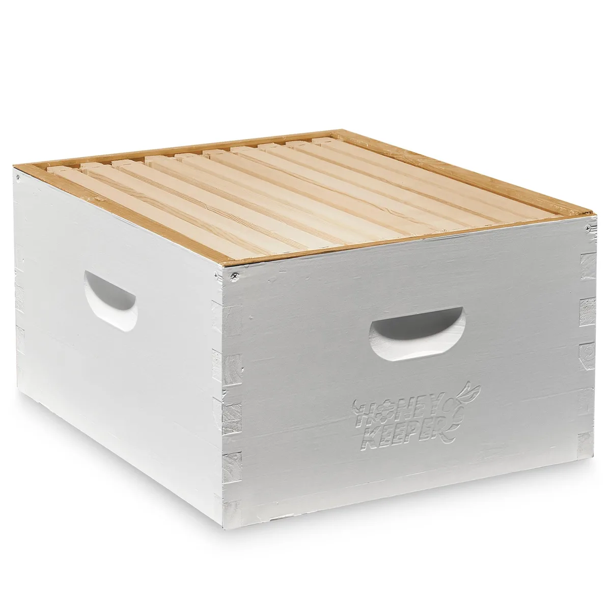 White painted wooden deep hive body box with ten frames inside