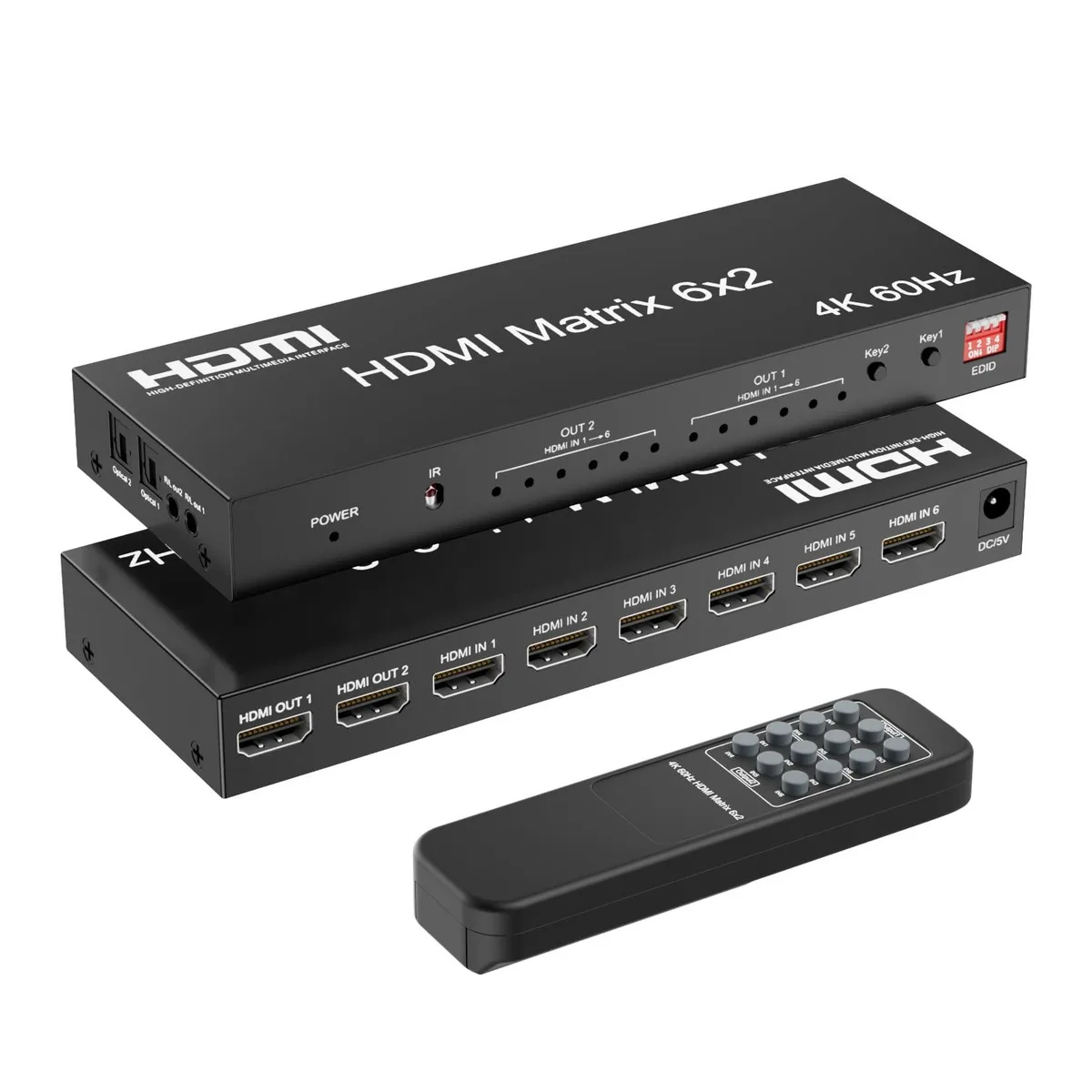 Black rectangular HDMI matrix switch, six inputs two outputs, remote included