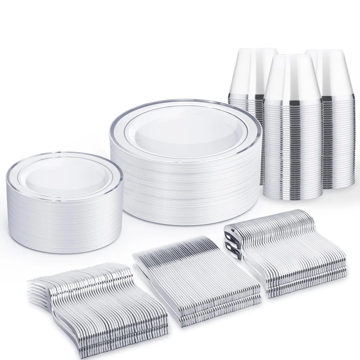 Stack of silver plastic plates, cups and cutlery for 50 guests