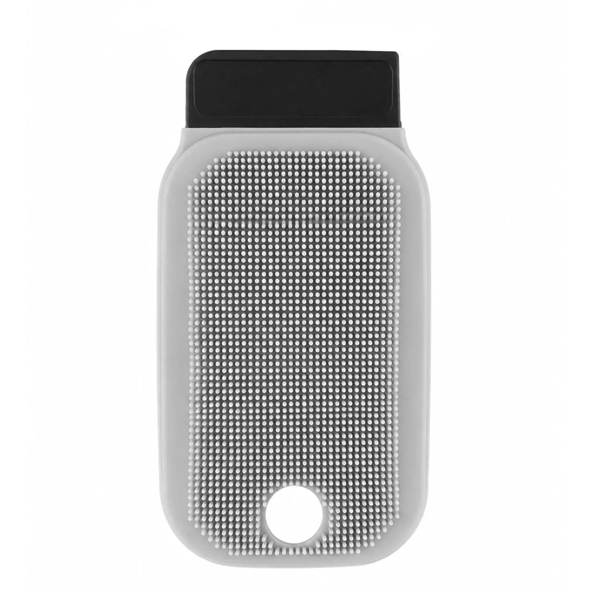 Gray silicone dish scrubber with dual bristle textures and hanging hole
