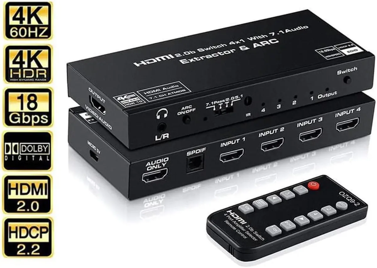 Vszerda Vszerda 4K@60Hz 4×1 HDMI Switch Audio Extractor Optical 3.5mm ARC — product photo