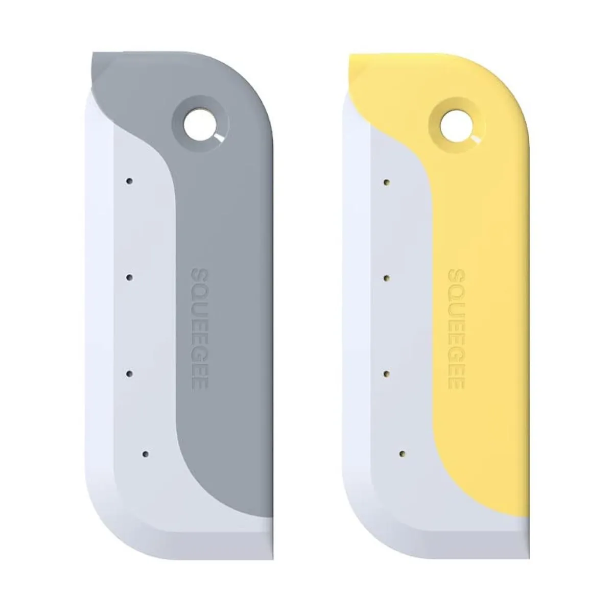 Two yellow bird-shaped rubber squeegees with hanging holes