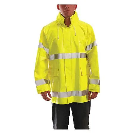 Green and yellow PVC rain jacket with packable hood and zipper storm flap