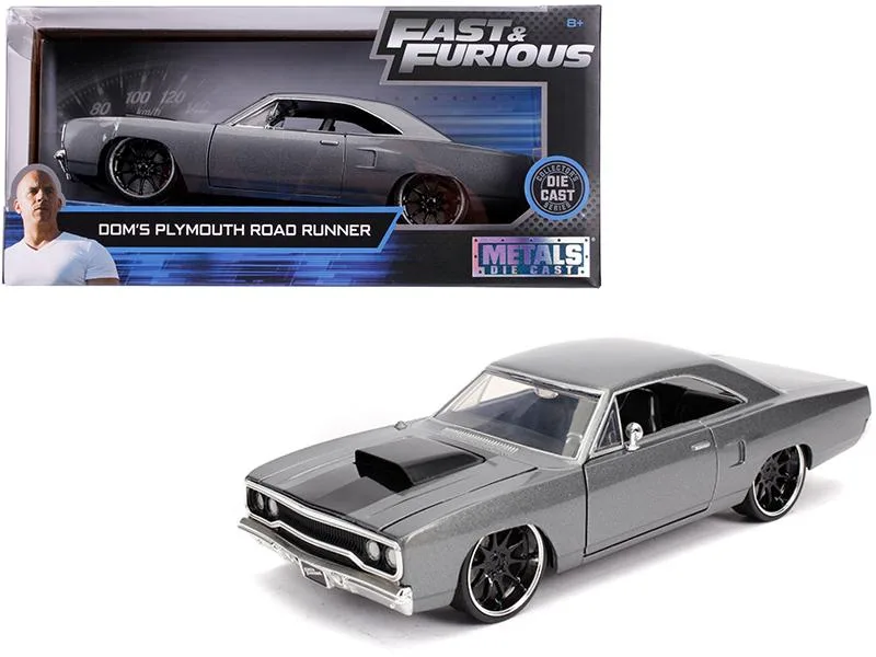 Jada Jada Dom's Plymouth Road Runner 1/24 Diecast Vehicle Gray Metallic Black Hood Stripe — product photo