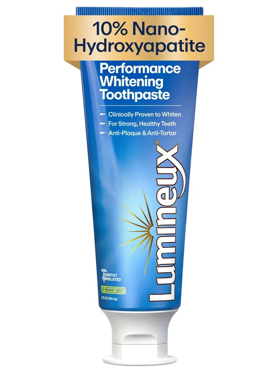 White tube of Lumineux whitening toothpaste, 3.75 oz