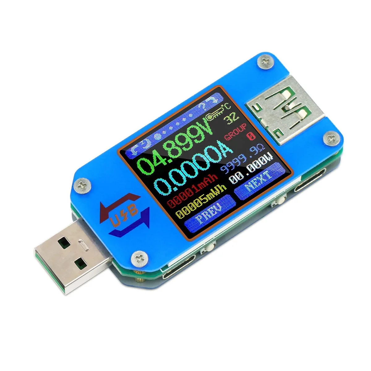 Compact USB power meter with 1.44 inch colour LCD screen, USB-A and USB-C ports, protective film applied