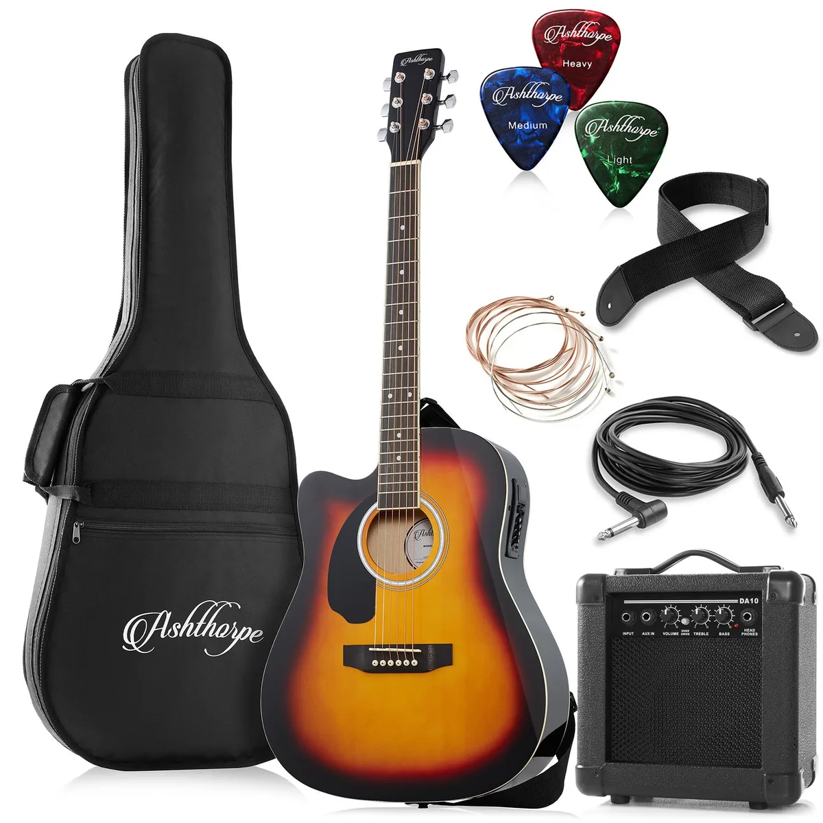 Ashthorpe Ashthorpe Left-Handed Dreadnought Cutaway Acoustic-Electric Guitar 41" 4.5" with 10W Amp Sunburst — product photo