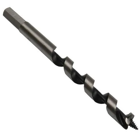 Long silver auger bit with spiral flutes and screw tip